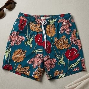 Floral Swim Trunks Men's M 32-34 Teal Red Botanical Volley Shorts Mesh Lined